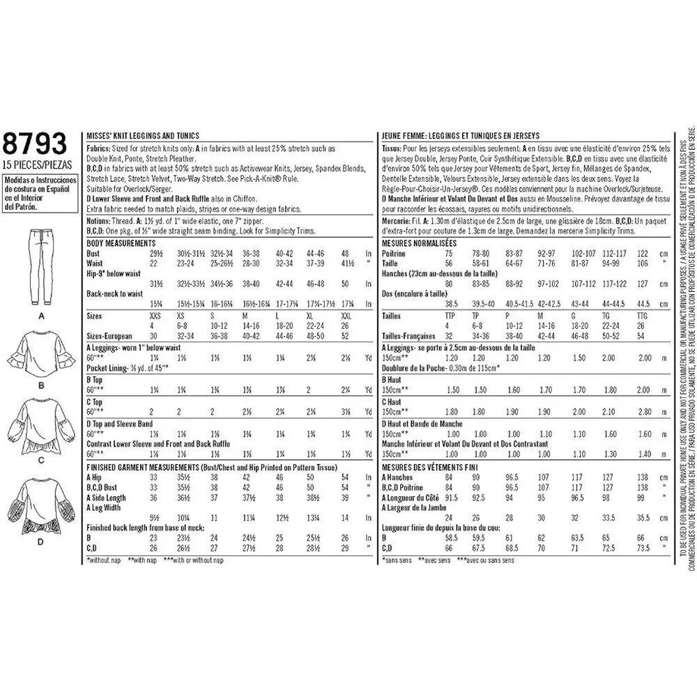 Simplicity Sewing Pattern 10027‎ 8793 Misses' Tunic with Knit Leggings Size 4-26